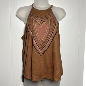 Shyanne Brown Faux Suede Southwestern Halter Tank Top XS Country Rodeo Cowgirl